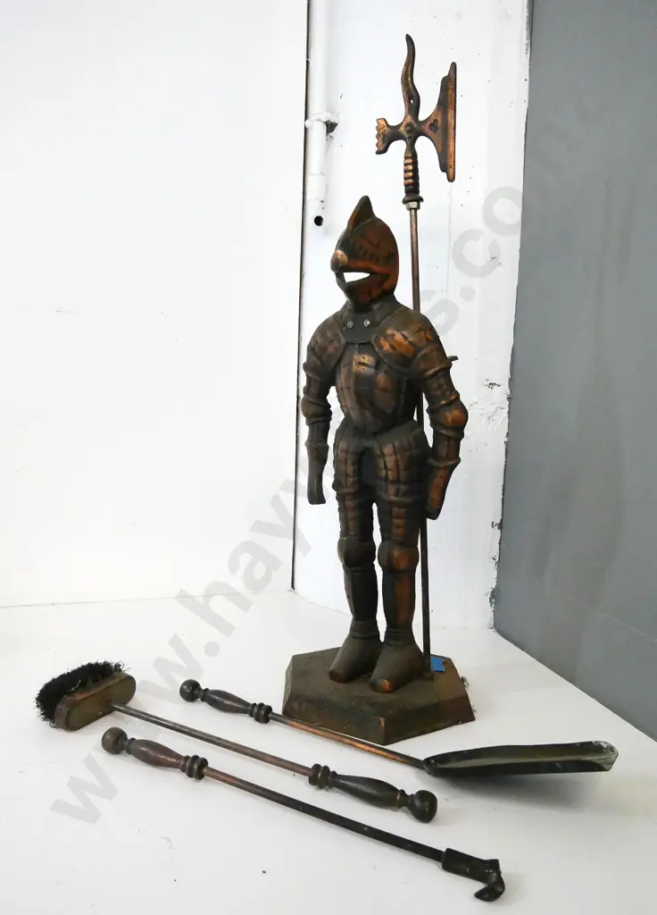 copper finish cast metal fireside set - knight in armour stand - brush in poor condition, poker has broken tip H-760 Image 1++