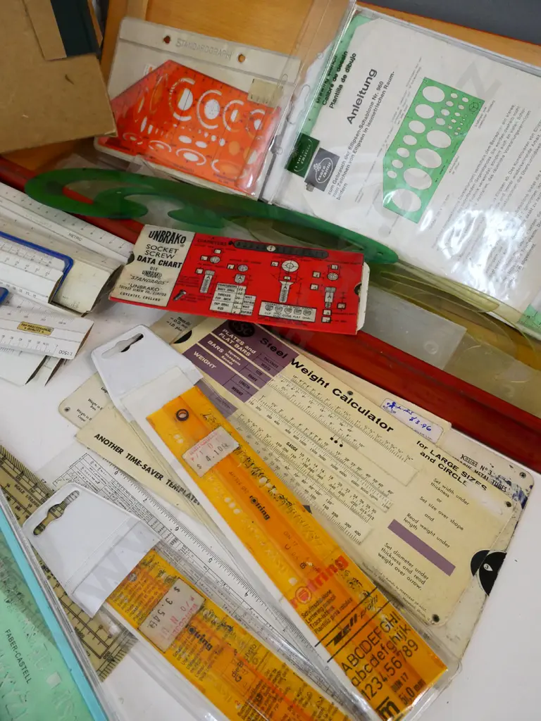 large assortment of technical drawing rulers, stencils, French curves, etc. and wooden case L-570 Image 1++