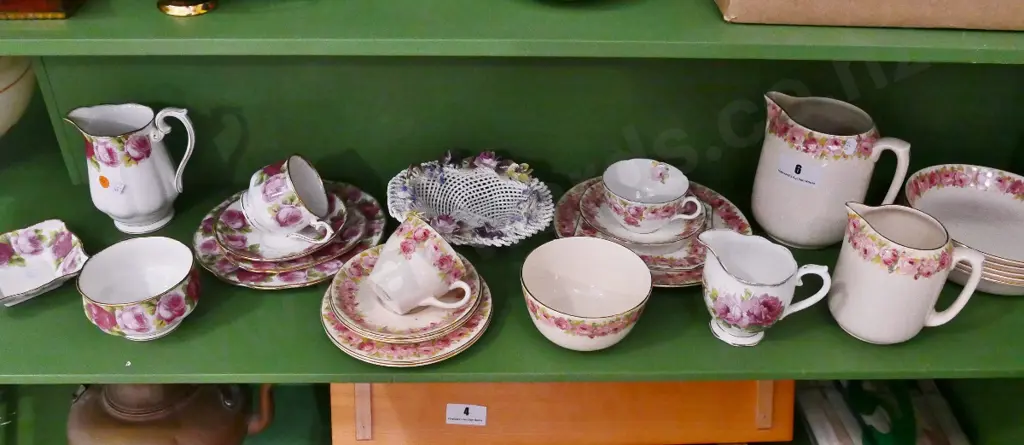 Royal Doulton rose pattern and Royal Albert Old English Rose items plus American Beauty jug, Adderley basket, etc. Image 1++