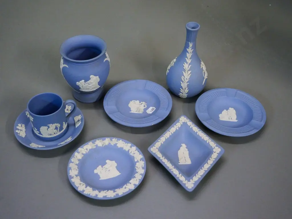 collection of small Wedgwood light blue Jasperware - demi-tasse cup & saucer, 2 vases, 2 ashtrays, 2 dishes Image 1++