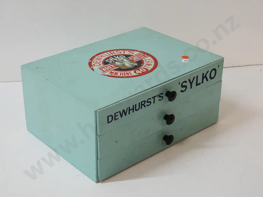 3-drawer painted wood cabinet with Dewhurst's Sylko decal, drawers full of assorted thread H-140 W-310 D-220 Image 1++
