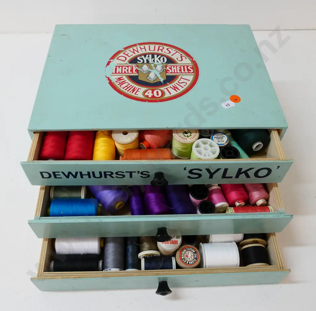 3-drawer painted wood cabinet with Dewhurst's Sylko decal, drawers full of assorted thread H-140 W-310 D-220 Image 1++