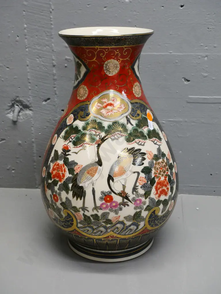 large Japanese traditional hand-painted crane pattern vase with maker's mark H-370 D-220 at widest Image 1++