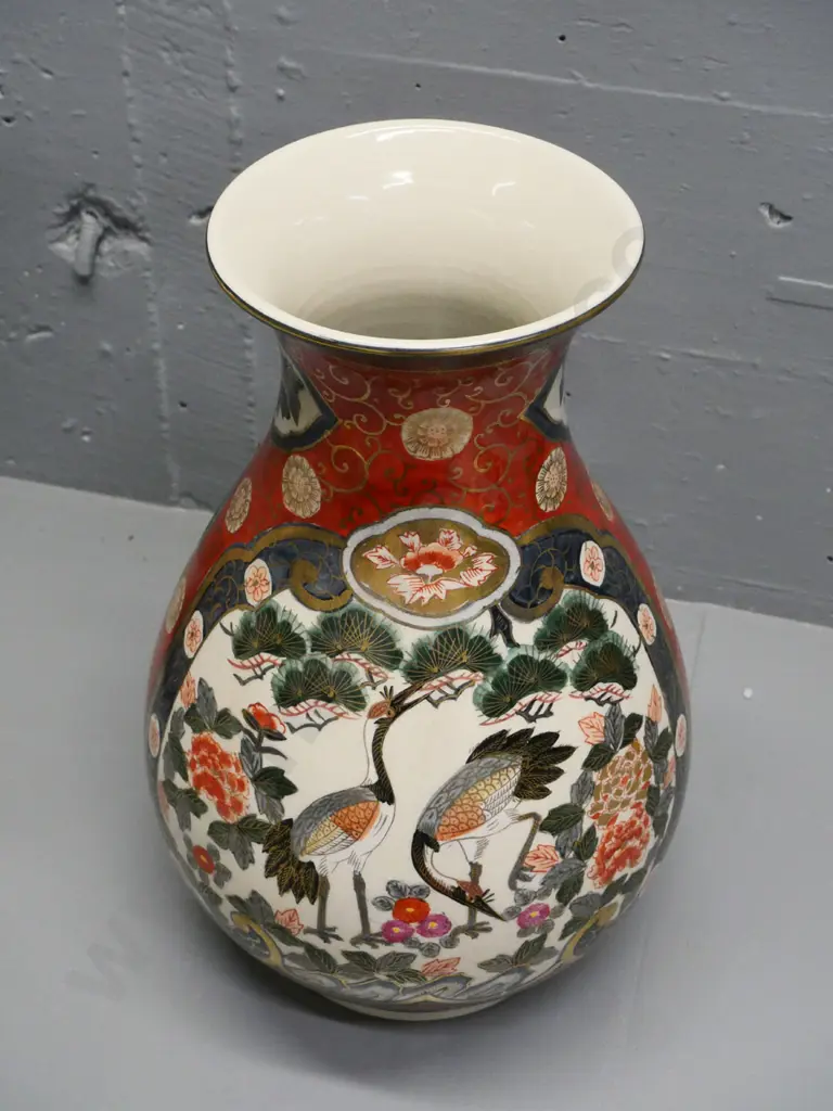 large Japanese traditional hand-painted crane pattern vase with maker's mark H-370 D-220 at widest Image 1++