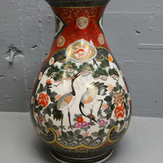 large Japanese traditional hand-painted crane pattern vase with maker's mark H-370 D-220 at widest