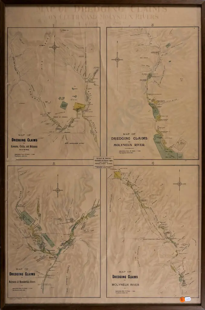 framed vintage map - Map of Dredging Claims on Clutha and Molyneux Rivers H-840 W-550 (some creasing & fading) Image 1++