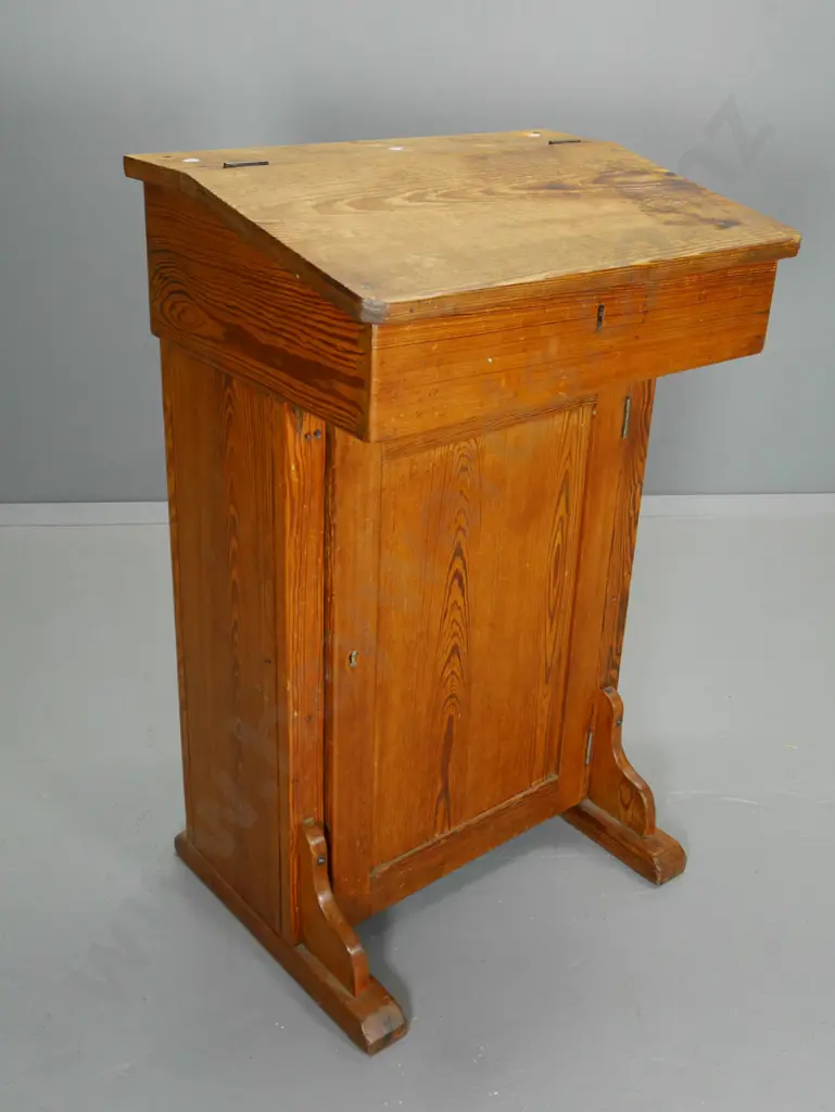 vintage pine clerk's desk with lift-top writing slope, one door, modern shelf, lock and escutcheons gone. H950 W610 D440 Image 1++