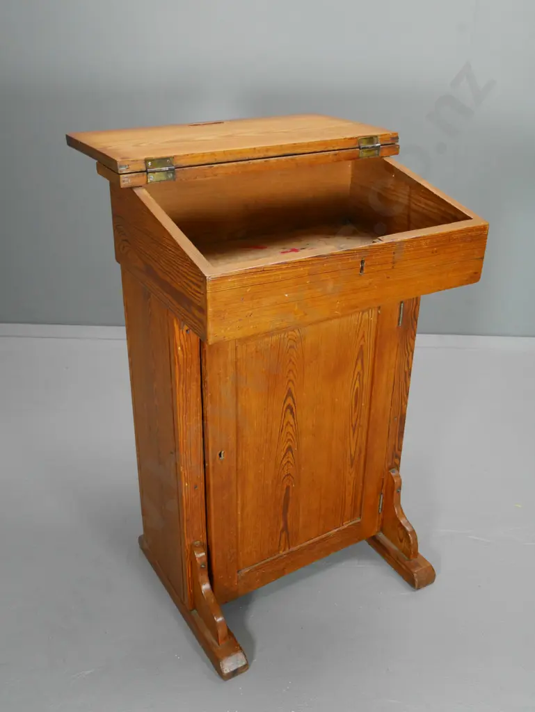 vintage pine clerk's desk with lift-top writing slope, one door, modern shelf, lock and escutcheons gone. H950 W610 D440 Image 1++