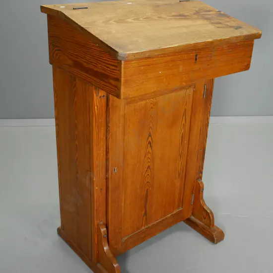 vintage pine clerk's desk with lift-top writing slope, one door, modern shelf, lock and escutcheons gone. H950 W610 D440