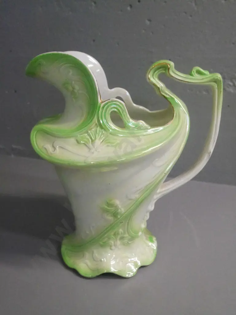 green lustre wash jug -some wear, crazing and hairline crack H-340 Image 1++