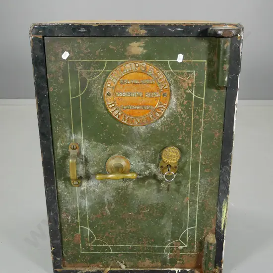 vintage safe - Philips & Son Birmingham, with key - corrosion and paint wear H660 W460 D480