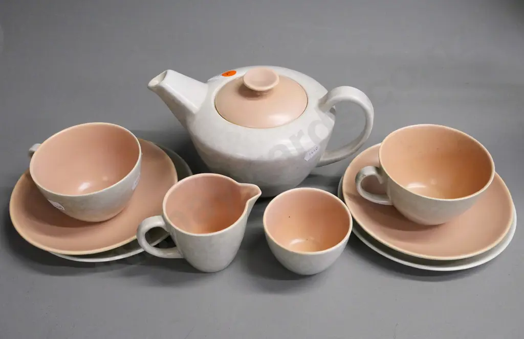Poole coral pink & grey tea for two with teapot, cream & sugar, 2 trios Image 1++