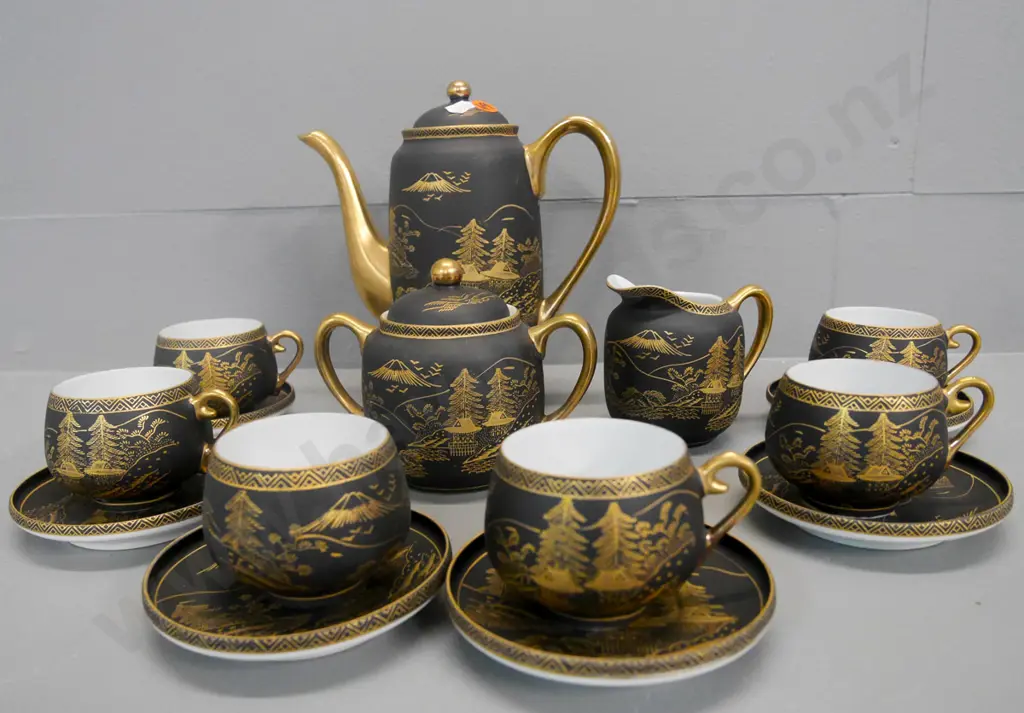 Japanese  black and gold geisha coffee set with creamer and sugar H-180 (chip to one saucer) Image 1++