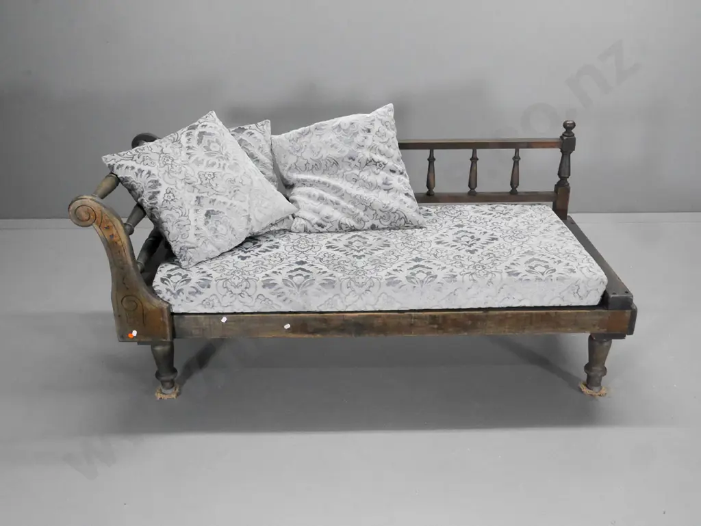 colonial dark-stained timber day bed w/turned spindle back and end, velvet cushions, polish need work H720 L1600 D650 Image 1++
