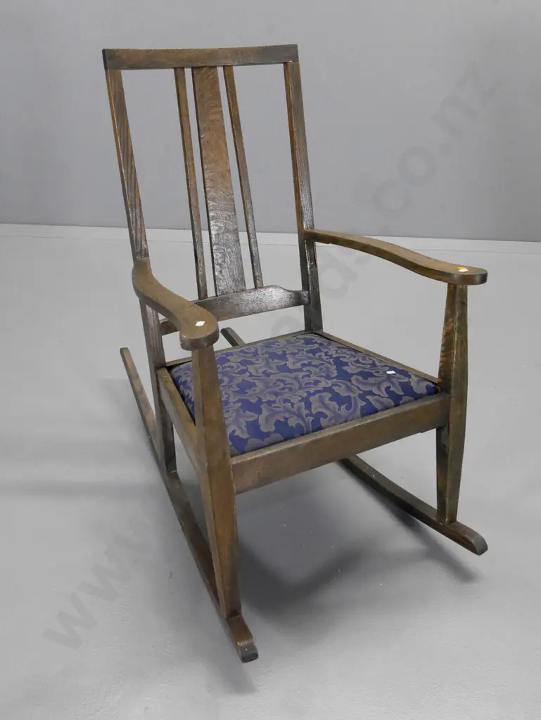 deco oak rocking chair with slat back and damask-upholstered seat H900 W580 D970 Image 1++