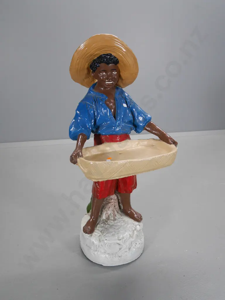 painted cast concrete garden figure / bird feeder - boy holding tray H800 W370 D340 Image 1++
