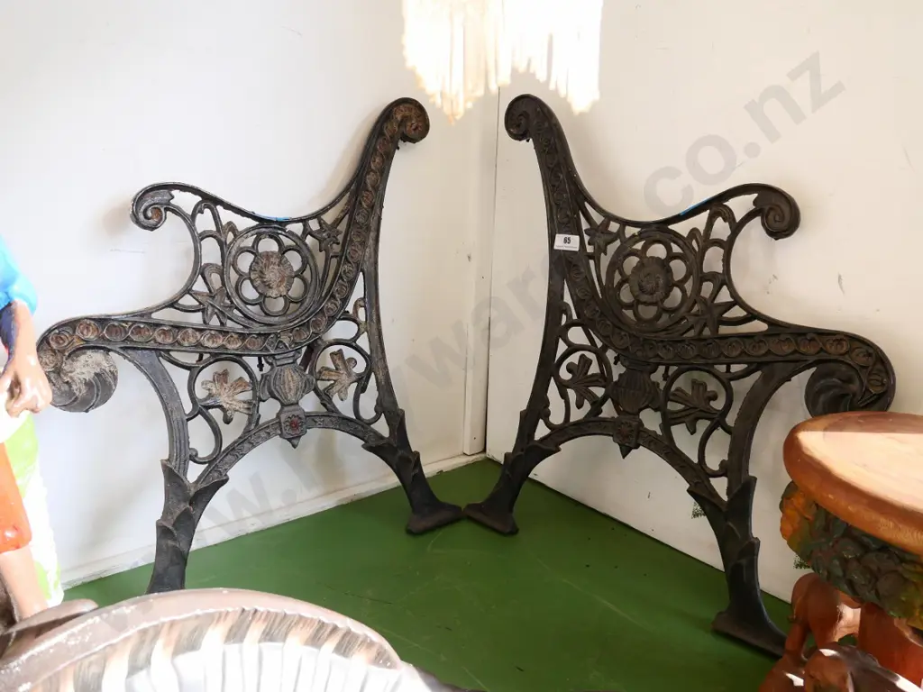 pair of black painted vintage cast iron garden seat ends H780 D640 Image 1++