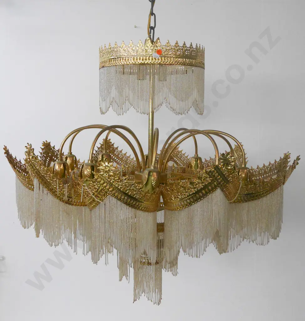 large & ornate 16-light pierced brass ceiling light fitting with beaded tassels - approx H750 Diameter 800 Image 1++