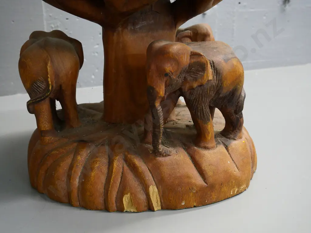 carved hardwood stool with elephants around base, partly hand-coloured - some chips H-360 D-300 Image 1++