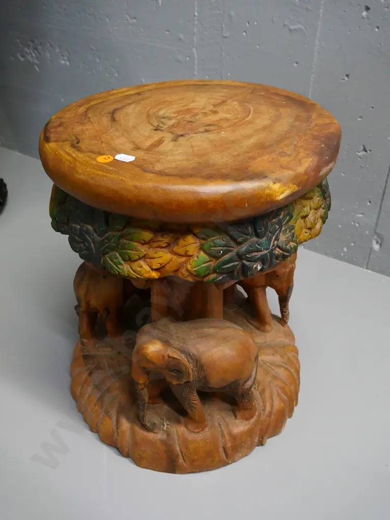carved hardwood stool with elephants around base, partly hand-coloured - some chips H-360 D-300 Image 1++