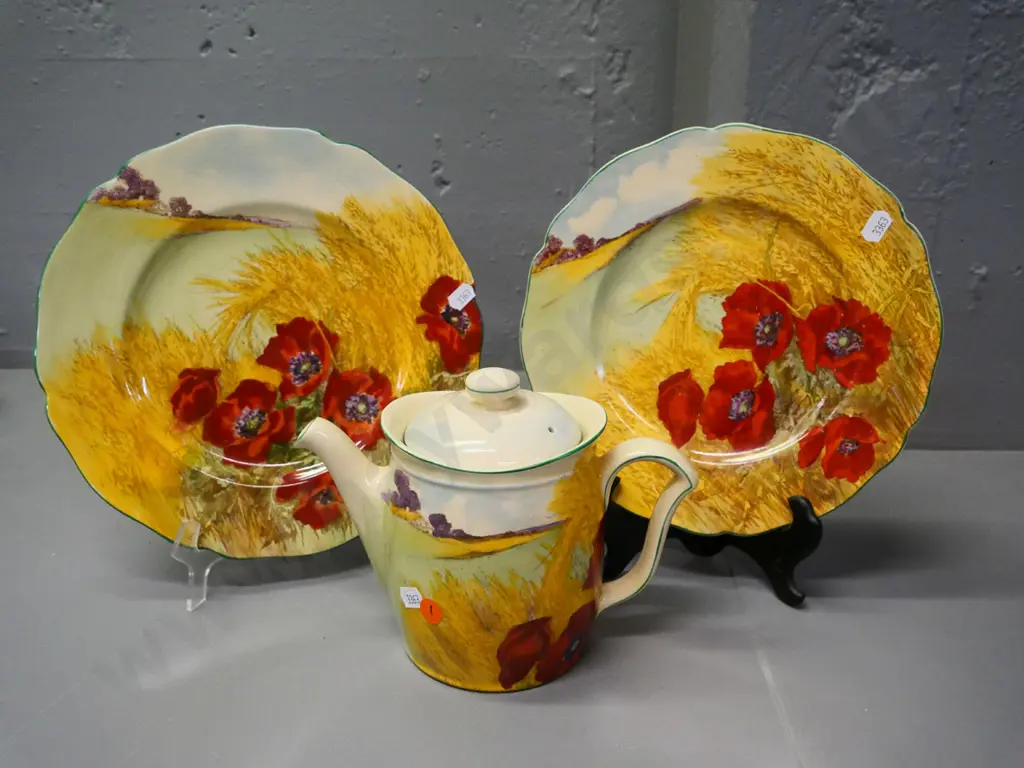 Royal Doulton Poppies in the Corn Field teapot and 2 plates - larger D-260 & teapot have some crazing Image 1++
