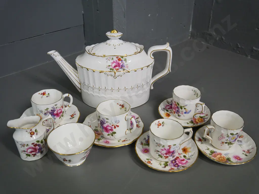 Royal Crown Derby floral china, some are Derby Posies pattern - includes teapot, 2 cups & saucers, cream & sugar, etc. Image 1++