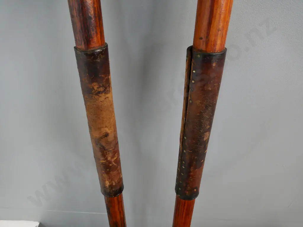 vintage pair of rowing oars with heavy leather sleeves L-1970 Image 1++