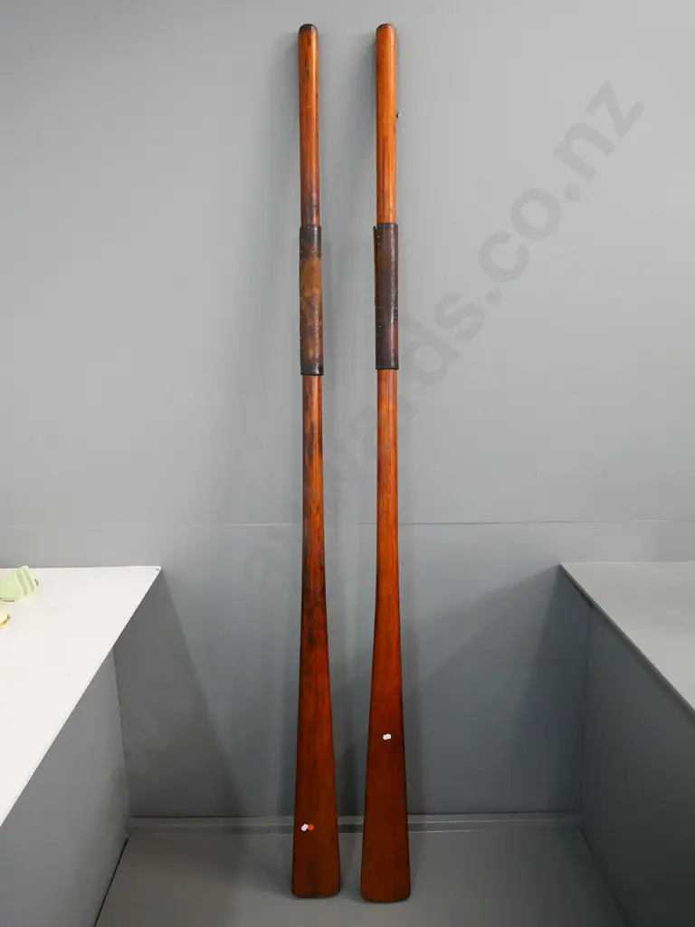 vintage pair of rowing oars with heavy leather sleeves L-1970 Image 1++