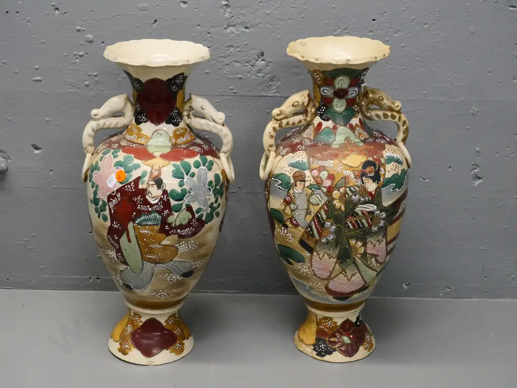 vintage pair of Satsuma dragon-handled vases - both have small chips to base H-400 Image 1++