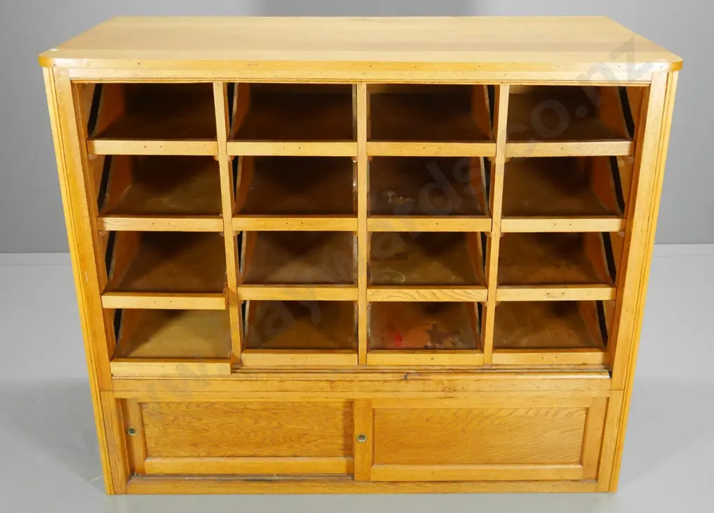 large oak office/shop storage cabinet w/16 open-front inner drawers, missing sliding doors, top cracked H1090 W1300 D640 Image 1++