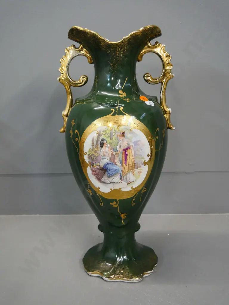 vintage European large handled vase - classical pattern on dark green - some gilt rubbed off handle H420 Image 1++