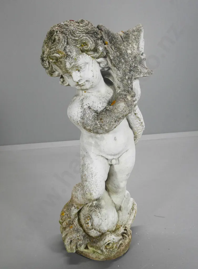 cast concrete classical style garden statue - boy holding large fish H-700 Image 1++