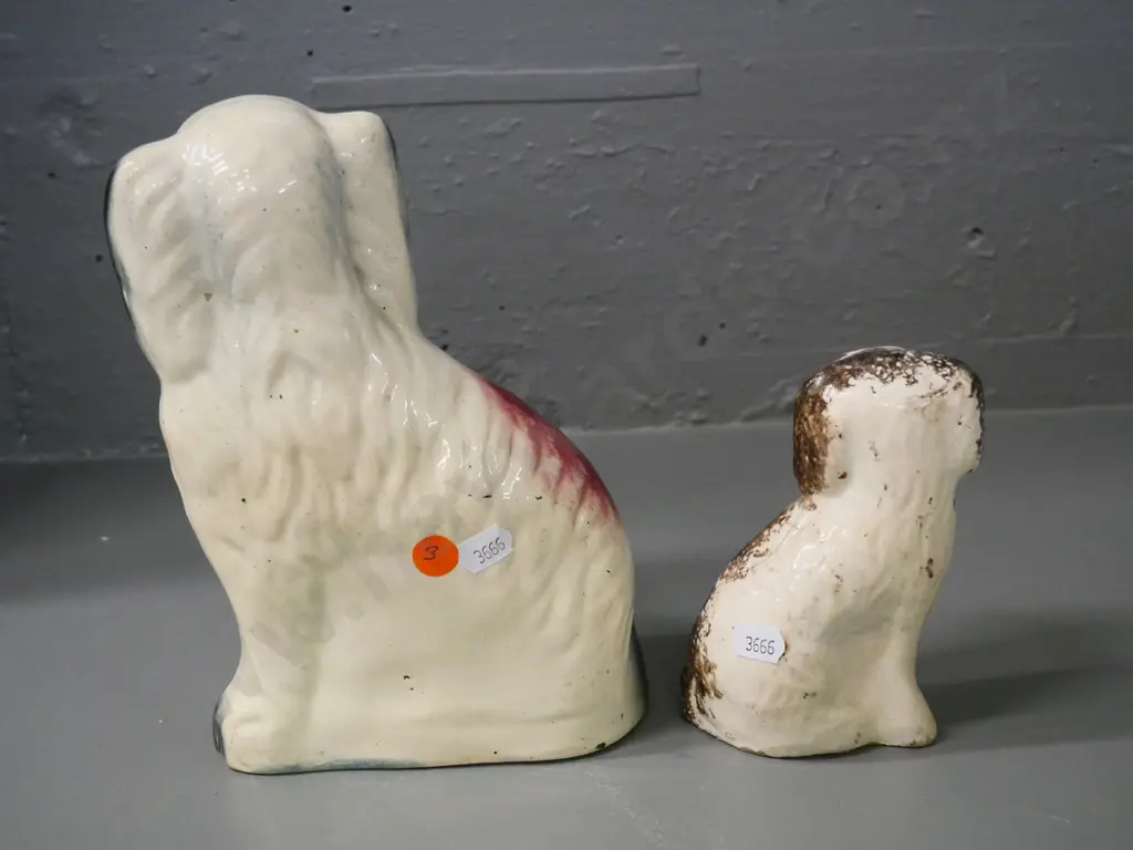 2 vintage Staffordshire porcelain dogs - smaller one has chip and extensive glazing loss, larger is H-220 W-130 Image 1++