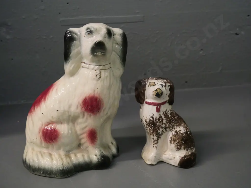 2 vintage Staffordshire porcelain dogs - smaller one has chip and extensive glazing loss, larger is H-220 W-130 Image 1++