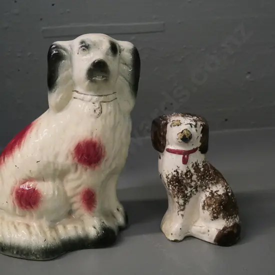 2 vintage Staffordshire porcelain dogs - smaller one has chip and extensive glazing loss, larger is H-220 W-130