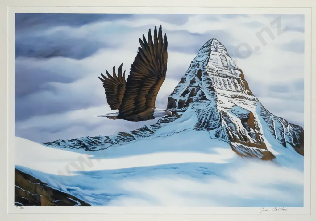 Josie Collins -framed ltd edition print 110/125 - Mountain & Bird H-420 W-630 Image 1++