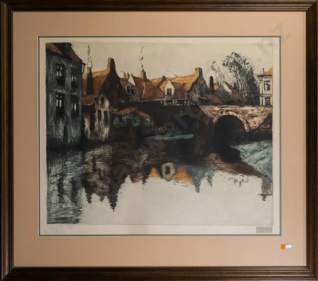 framed coloured etching - river and houses H-530 W-660 Image 1++