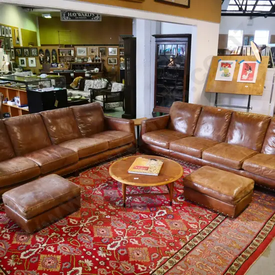 2x Ralph Lauren club-style 4-seater settees w/antiqued finish leather w/large brass studding H800 L2520 D1000