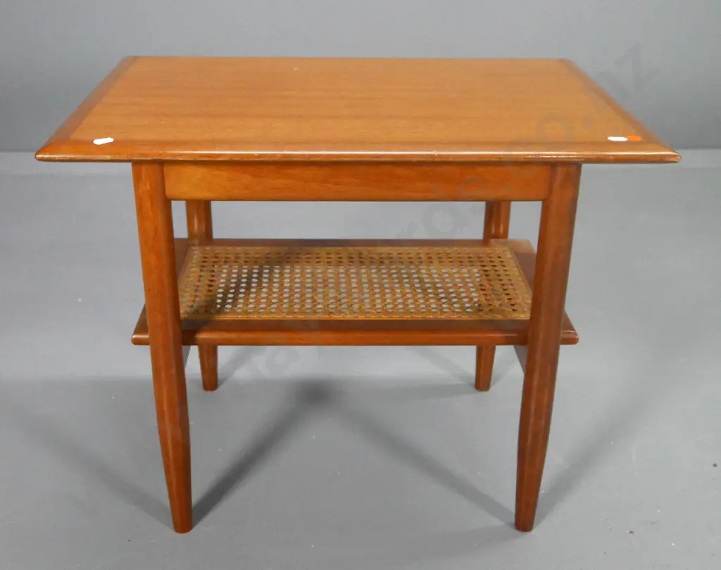 mid-century mahogany occasional table with bergere cane shelf H-480 L-590 W-390 Image 1++