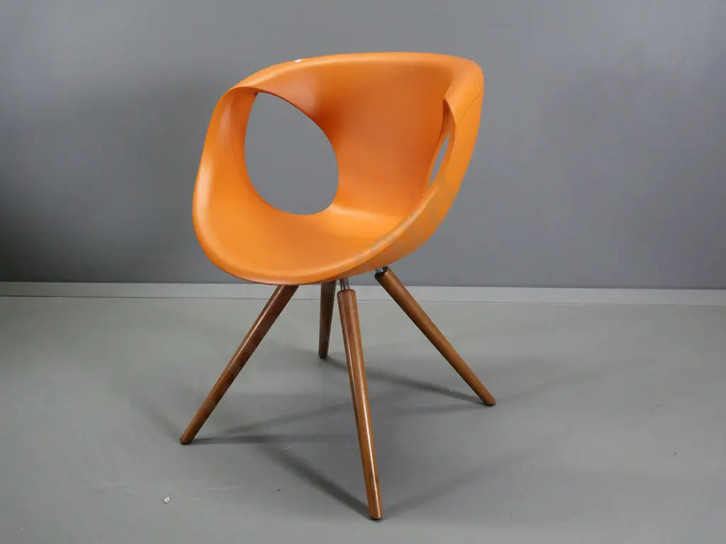 Tonon Italy Ballendat design 'Up' chair - orange moulded plastic w/metal and wood legs - some marks. H810 W620 D560 Image 1++