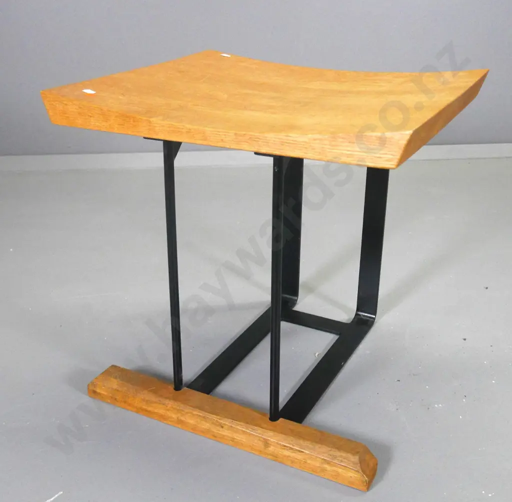 mid-century seat with oak top and leg rail on black painted iron base H-475 W-480 D-410 Image 1++