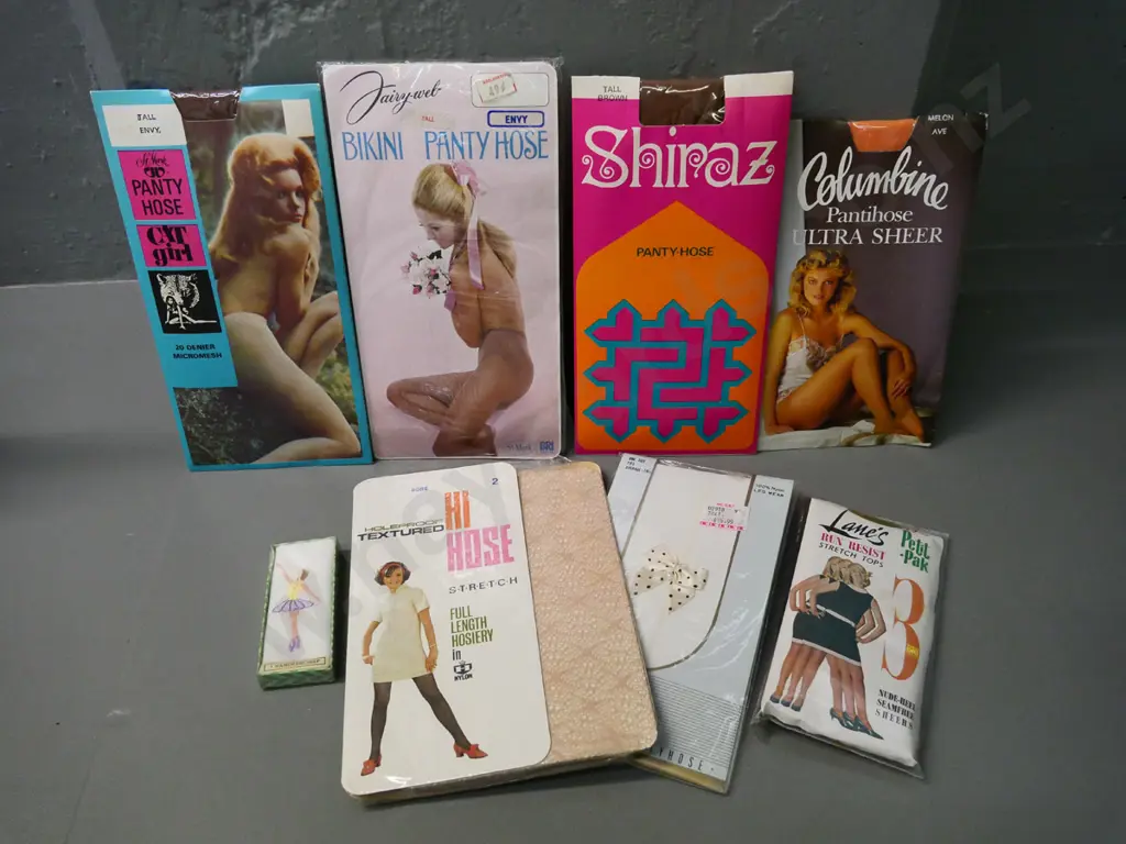 7 pairs vintage pantie hose in original packaging and one boxed handkerchief Image 1++