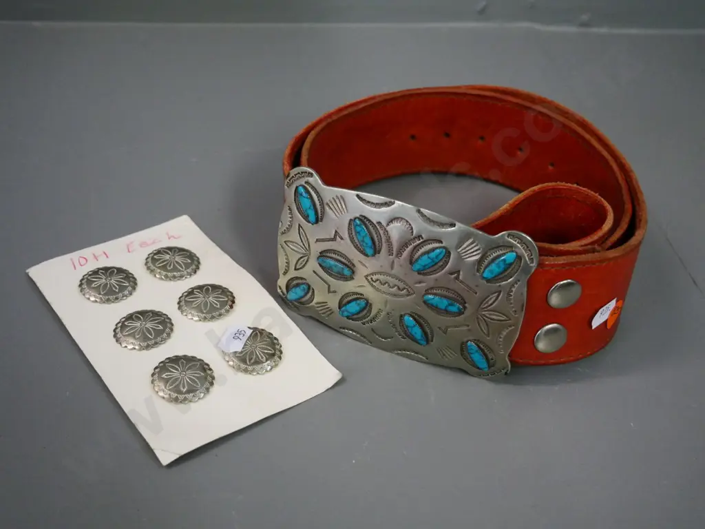wide leather belt & large nickel-silver buckle with turquoise inset and 6 engraved silver-finish bachelor's buttons Image 1++