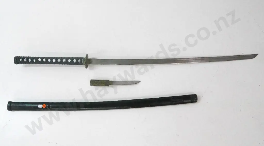 Japanese style sword L-1030 with leather sheath, smaller knife inset into handle of larger - wear & corrosion Image 1++