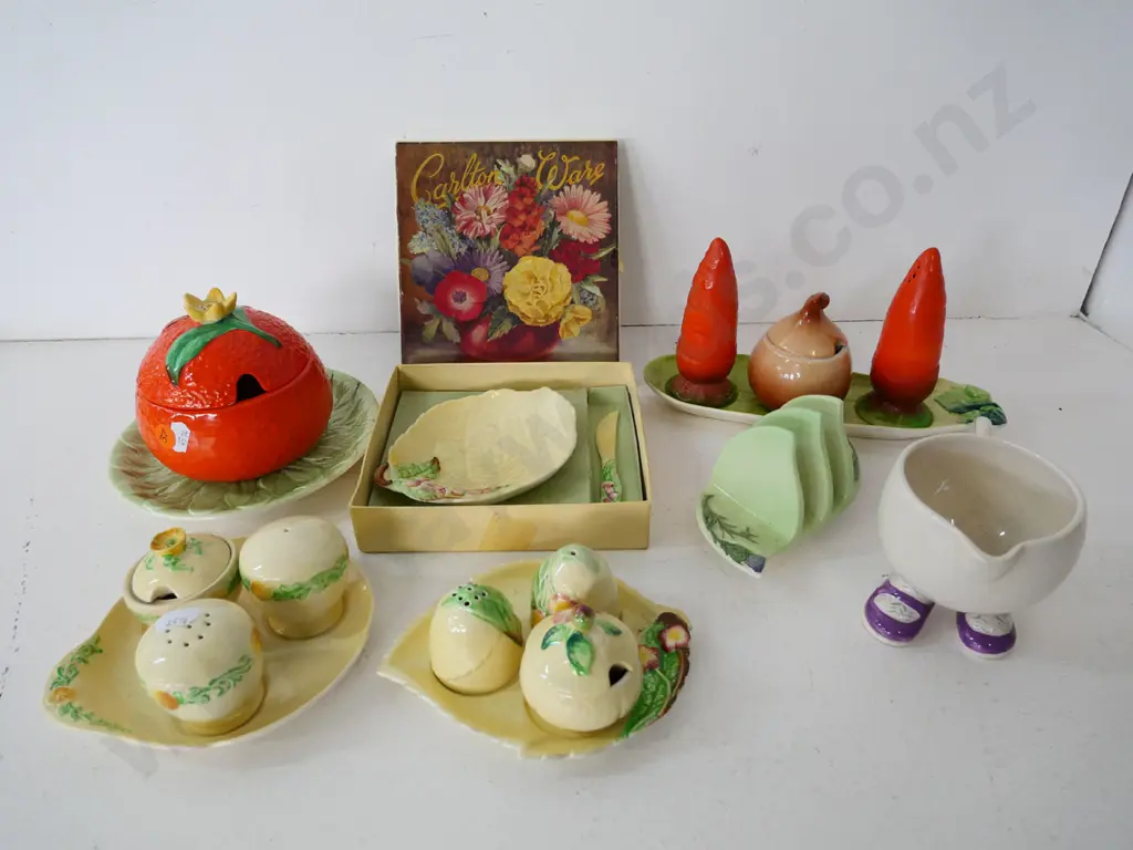 collection of novelty Carlton Ware including 3 condiment sets, honey pot, walking ware cup, etc. Image 1++