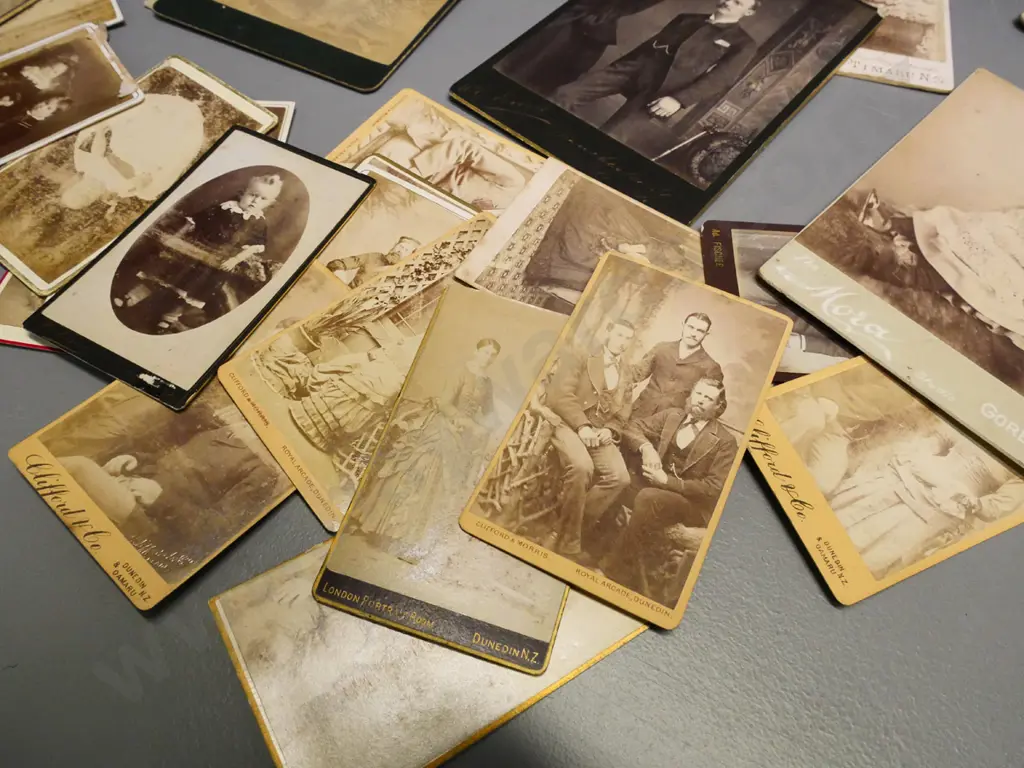 large collection of Victorian vintage photographs & a worn photo album: Dunedin, Timaru, Gore, Invercargill, Temuka etc. Image 1++