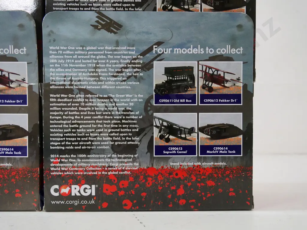 4 small boxed Corgi WW1 centenary die-cast model vehicles - 2 biplanes, ambulance bus and tank Image 1++