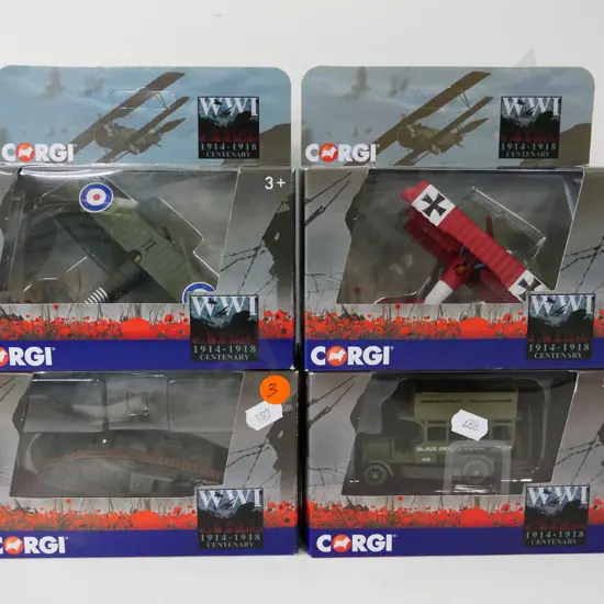 4 small boxed Corgi WW1 centenary die-cast model vehicles - 2 biplanes, ambulance bus and tank