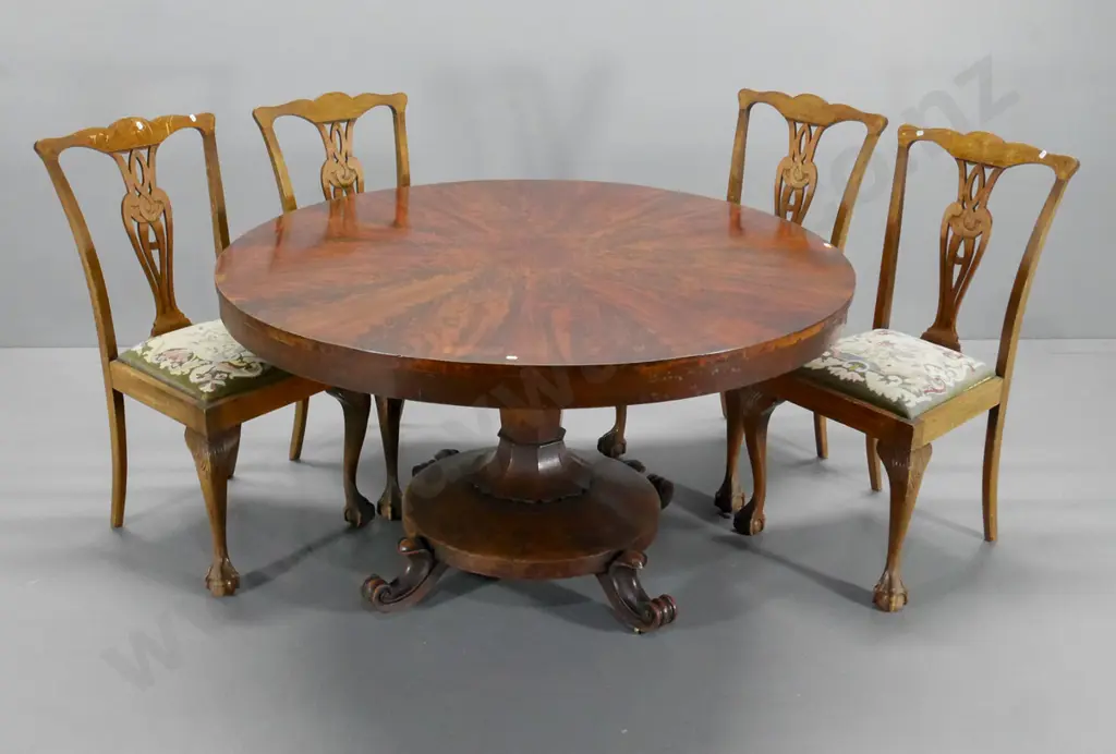 round dining table w/flame veneer top, pedestal base, 4 carved-back chairs & 2 unmatched. Finish rough D-1370 Image 1++