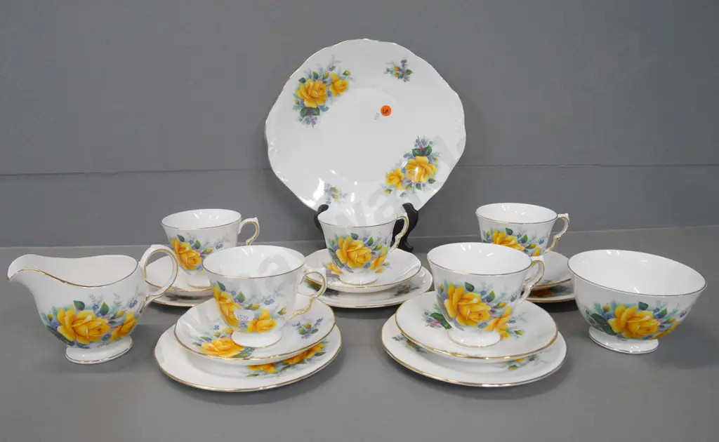 Queen Anne yellow tea set - 5 trios, cake plate, creamer, sugar Image 1++